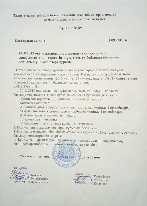 2018-2019 оқу жылында оқушыларды тамақтандыру сапасының мониторингін жүзеге асыру бойынша комиссия жұмысын ұйымдастыру туралы