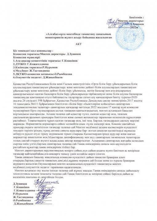 Тамақтану сапасының мониторингін жүзеге асыру бойынша жасалған АКТ
